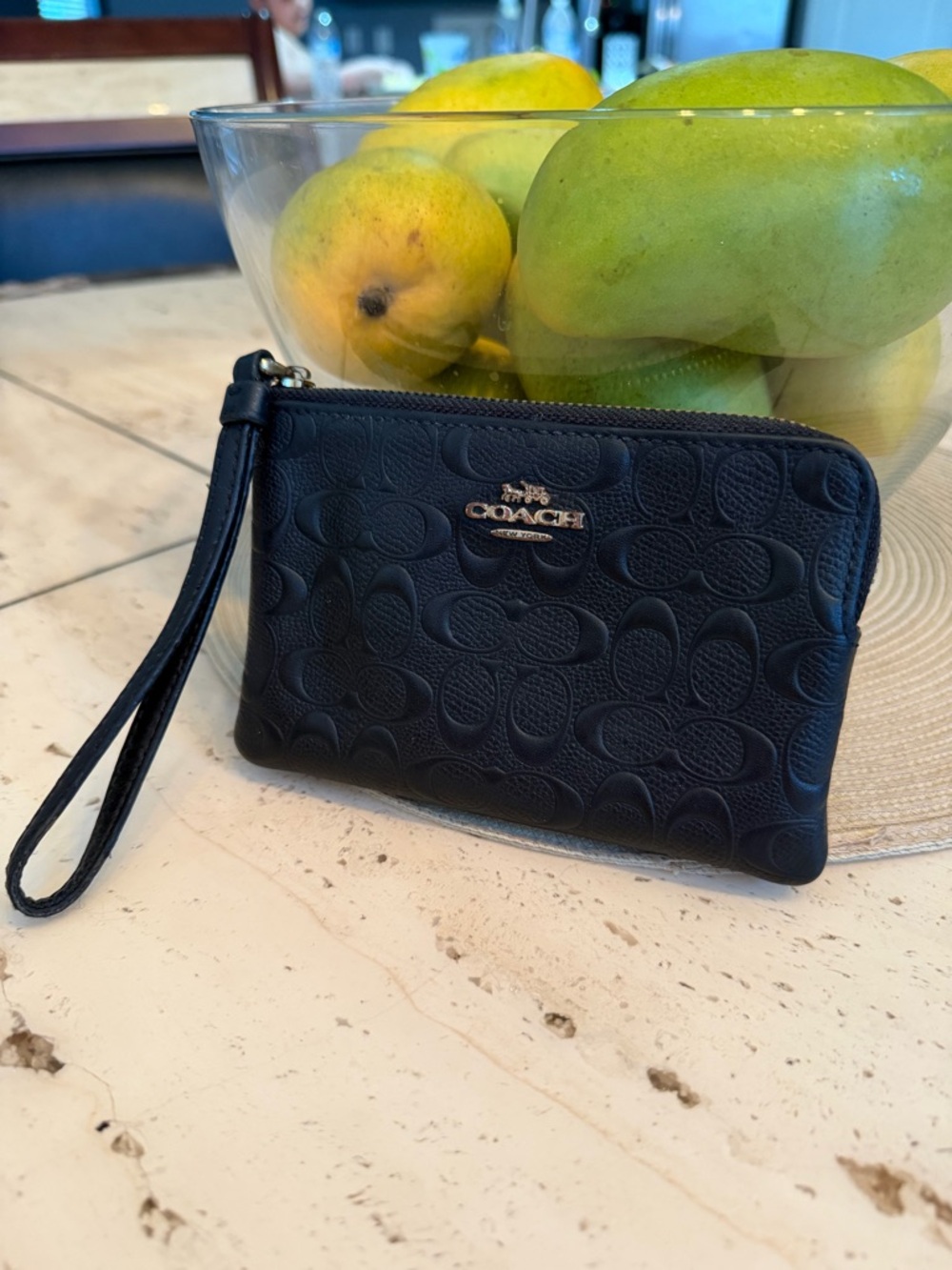 Coach Black Embossed Leather in Signature Zip Corner Wristlet with Gold Logo